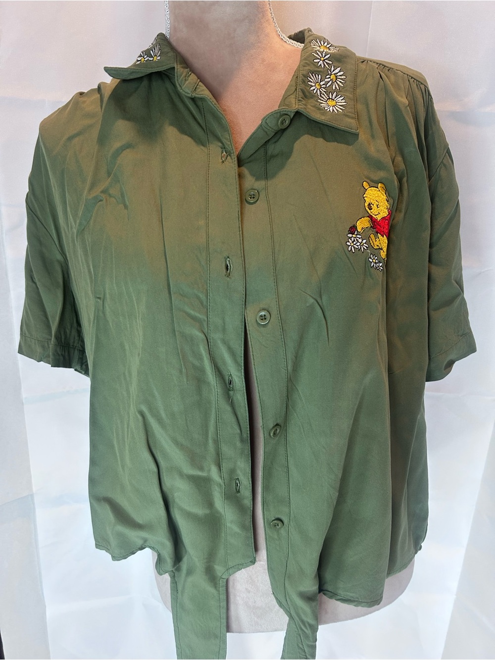 Disney Green Winnie the Pooh Embroidered Button-Up Top